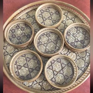 Beautiful vintage bamboo tray and coasters. MCM Barware. Glass top - 7 piece